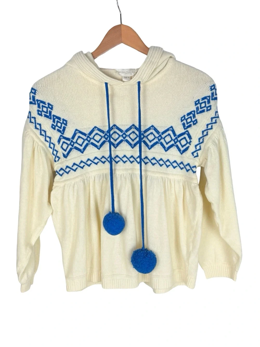 Diesel Y2K-era Hooded Sweater Cream and Blue Fair Isle Women's Wool Blend Size S